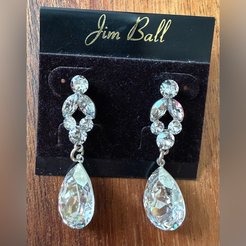 Jim Ball Clear Crystal Teardrop Drop Earrings
